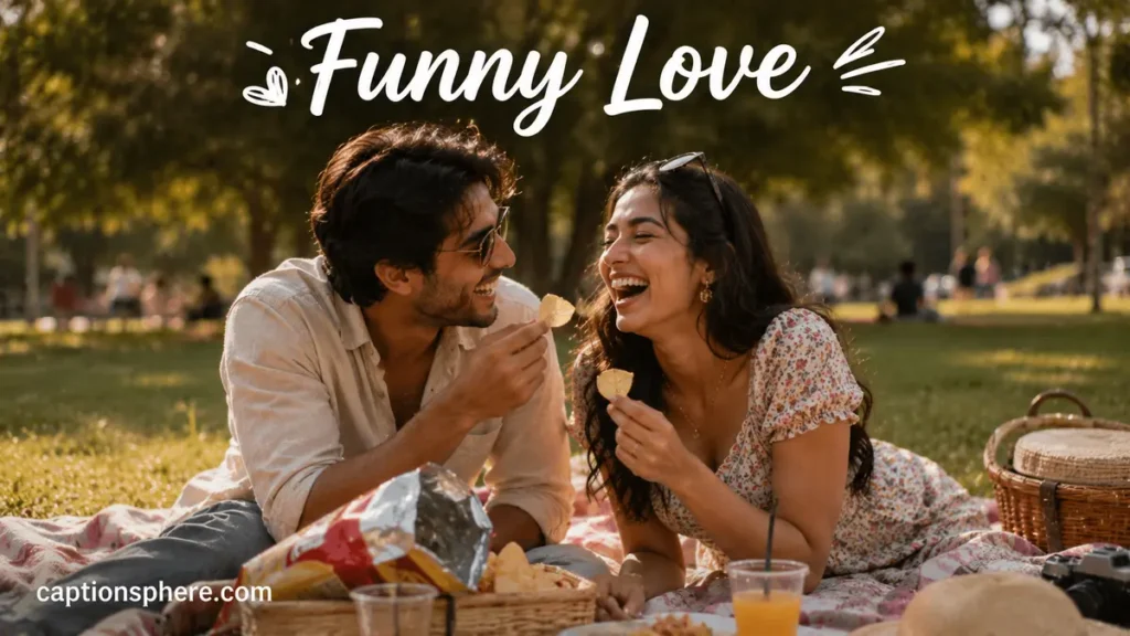 Couple laughing while eating snacks outdoors.