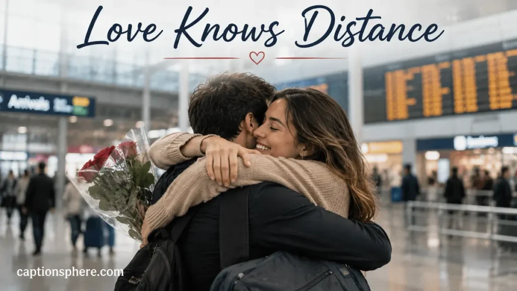 Couple hugging at an airport arrival terminal.