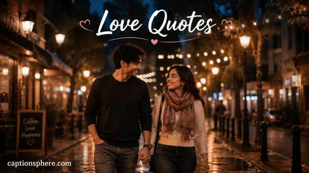 Couple walking together under glowing evening lights.