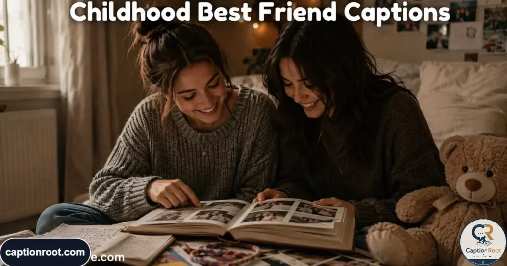 Longtime friends comparing an old childhood photograph while sitting together.