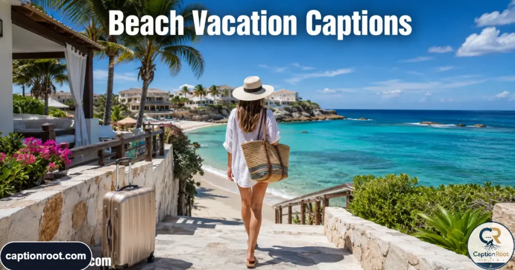 Traveler carrying a beach bag toward bright water from a coastal resort.
