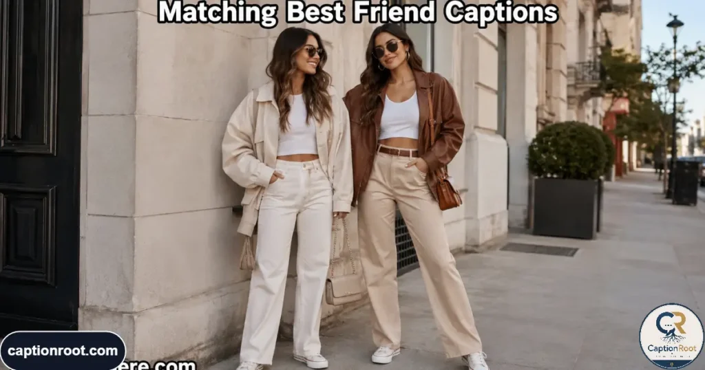 Two fashionable friends wearing coordinated outfits on a clean city street.