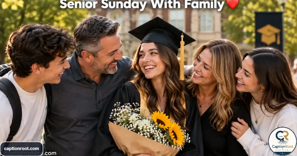 Graduating senior smiling with family members during a joyful outdoor celebration.