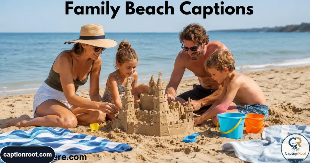 Family building a large sandcastle together beside a sunny ocean shoreline.
