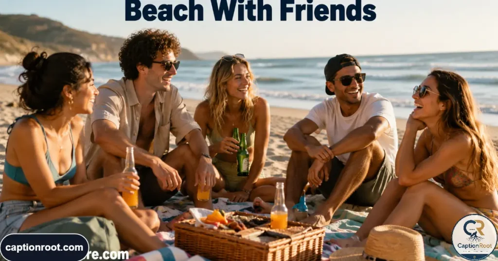 Group of friends laughing together beside towels and picnic snacks on sand.
