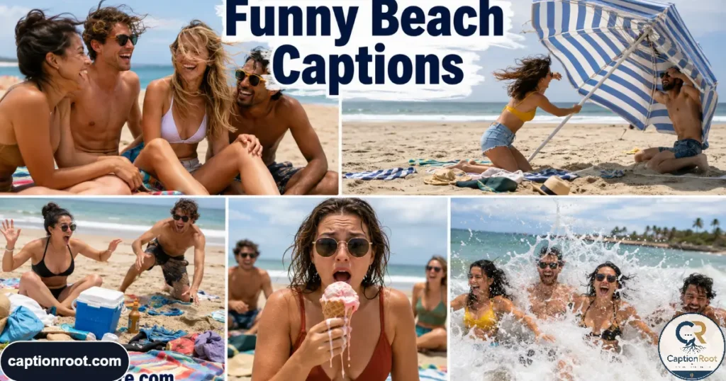 Friends laughing as wind disrupts umbrellas, towels, hats, and beach hair.
