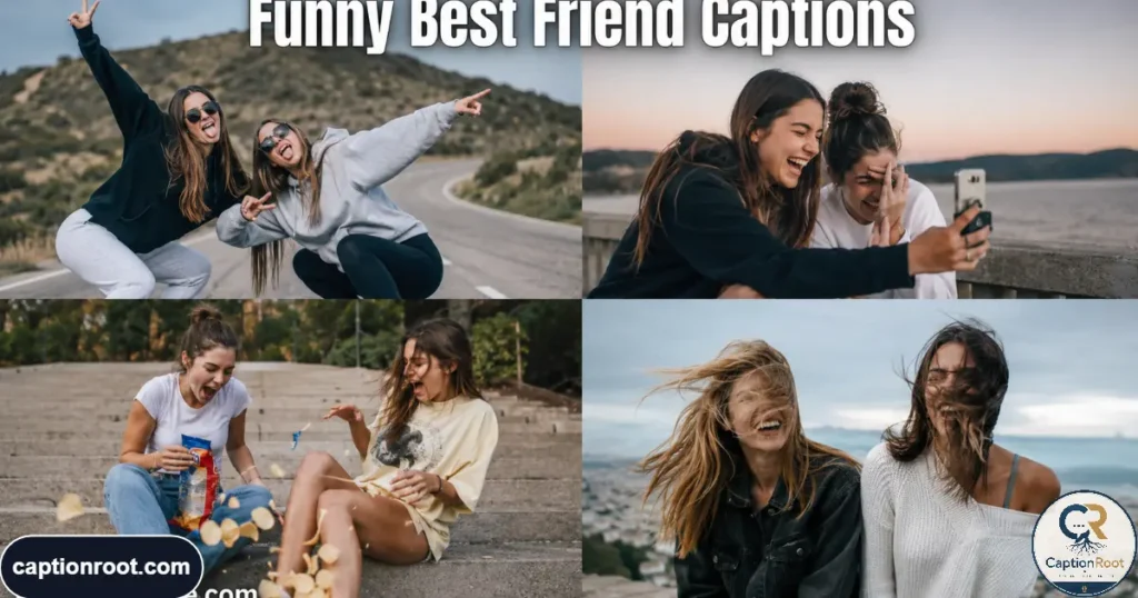 Friends laughing through playful poses and messy candid moments outdoors.
