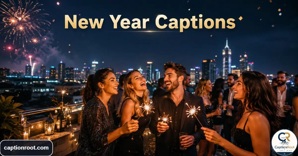 Friends celebrating New Year beneath fireworks on a lively city rooftop.