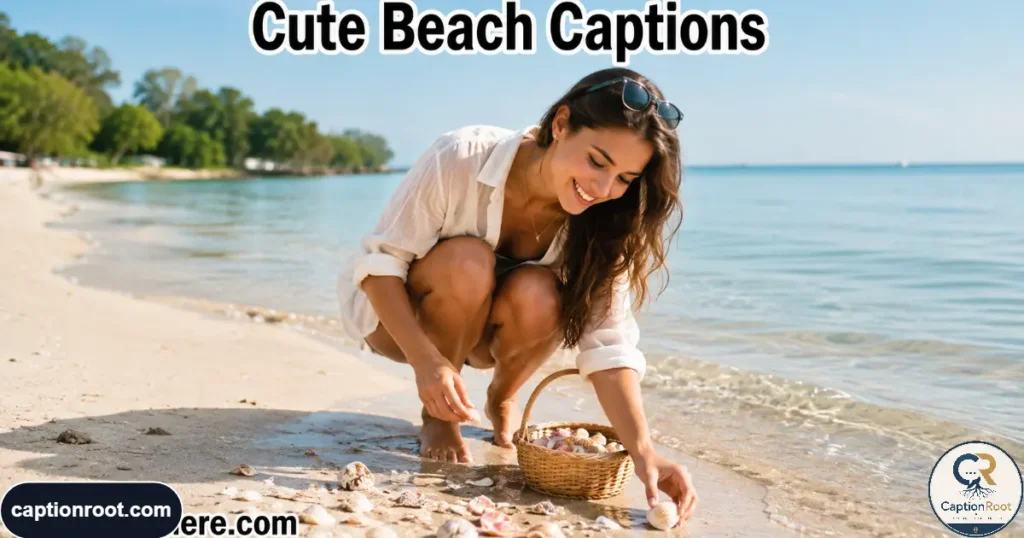 Smiling young adult collecting small seashells beside calm shallow ocean water.
