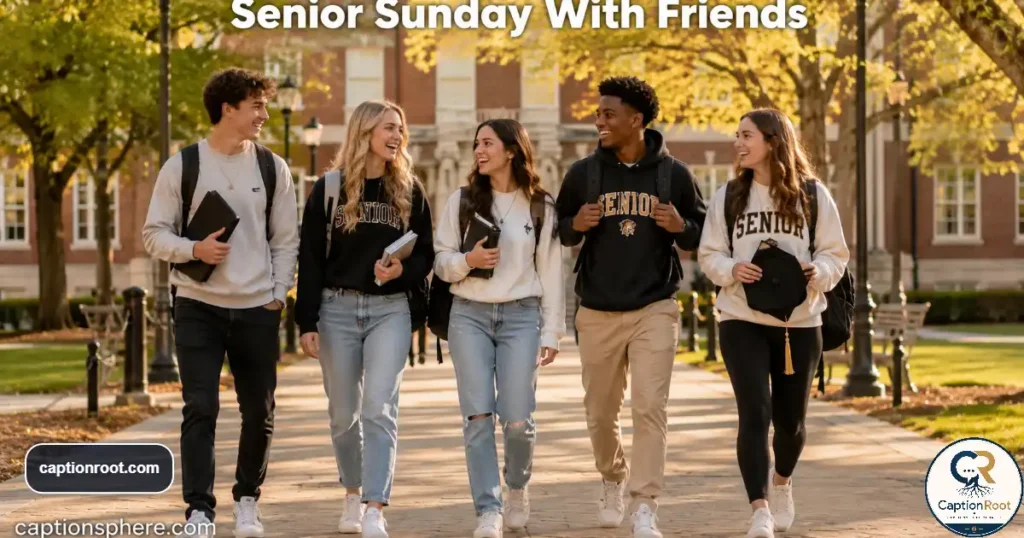 Group of senior friends walking together across campus during their final school year.