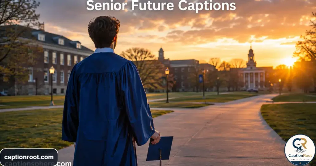 Graduating senior standing outdoors with campus buildings visible in the distance.