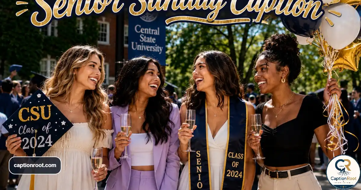 Graduating seniors smiling together on campus while holding caps and graduation gowns.