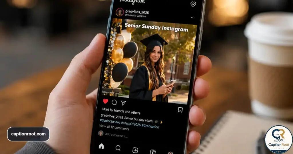 Hand holding a smartphone displaying a Senior Sunday graduation photo on Instagram.