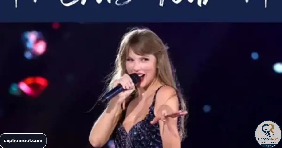 Taylor Swift performing live with text reading "The Best Captions for Taylor Swift's Eras Tour."