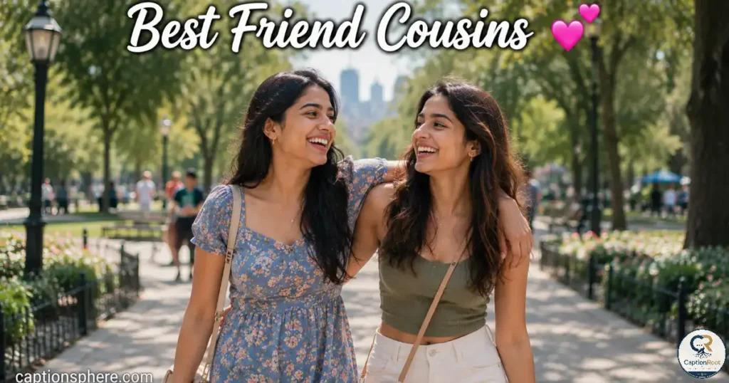 Two cousins smiling together while walking outdoors.