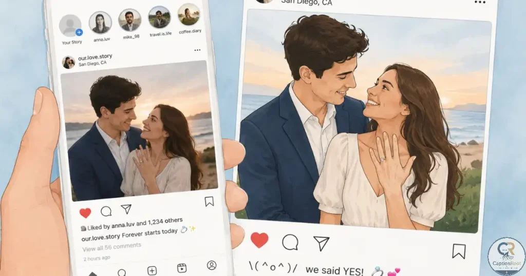 Couple posing for engagement announcement photo outdoors.