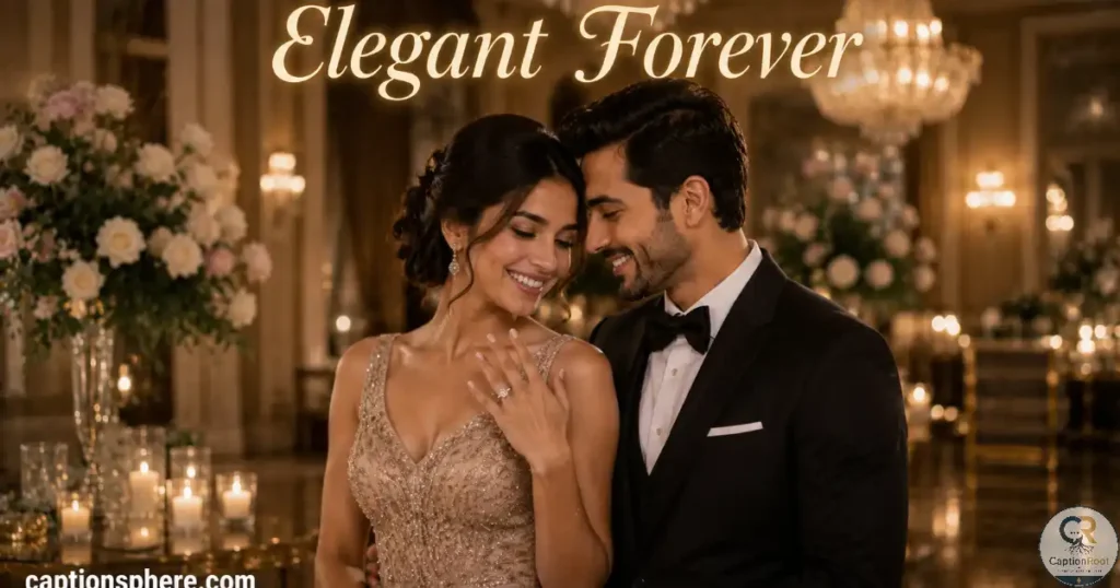 Well-dressed engaged couple posing in a luxurious venue.