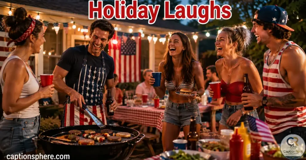 Friends laughing around a backyard barbecue during Independence Day.