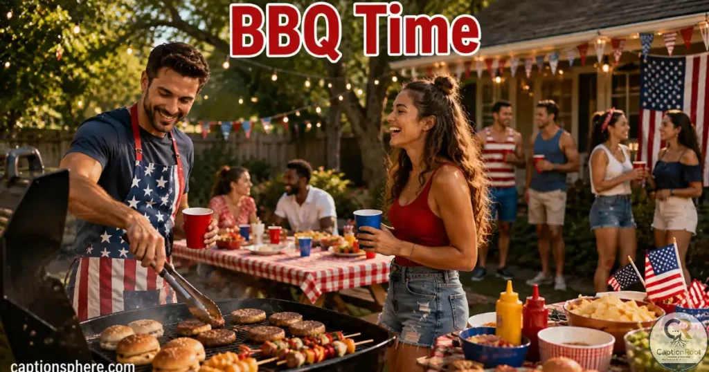 Friends grilling burgers during an outdoor holiday cookout.