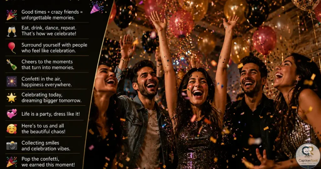 Friends celebrating together beneath balloons and confetti at an indoor party.