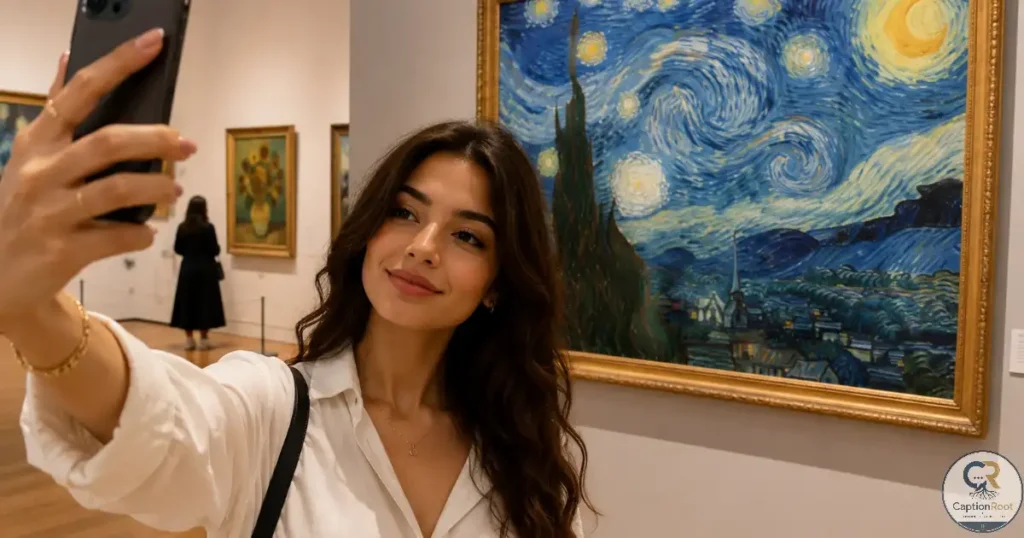 Young woman taking a selfie inside an elegant art gallery.