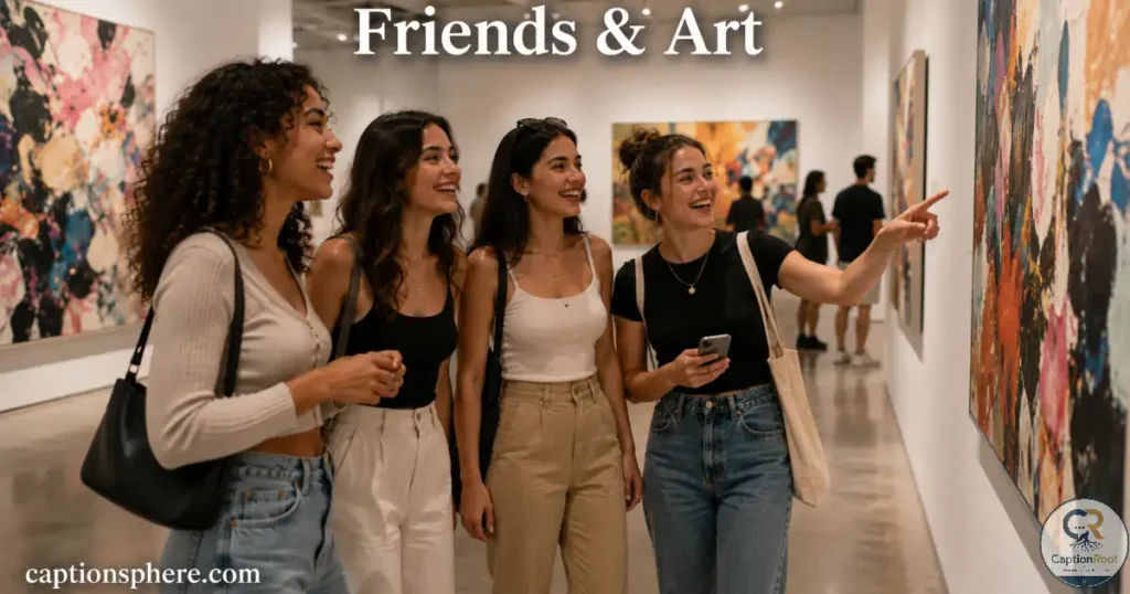 Group of friends smiling while exploring an art gallery together.