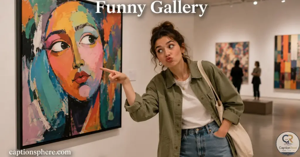 Visitor making a funny pose beside a colorful modern artwork.