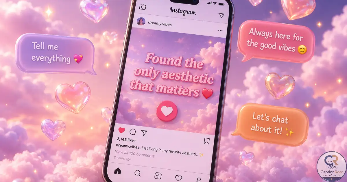 3D smartphone displaying an Instagram post floating among pastel clouds, hearts, and colorful chat bubbles.
