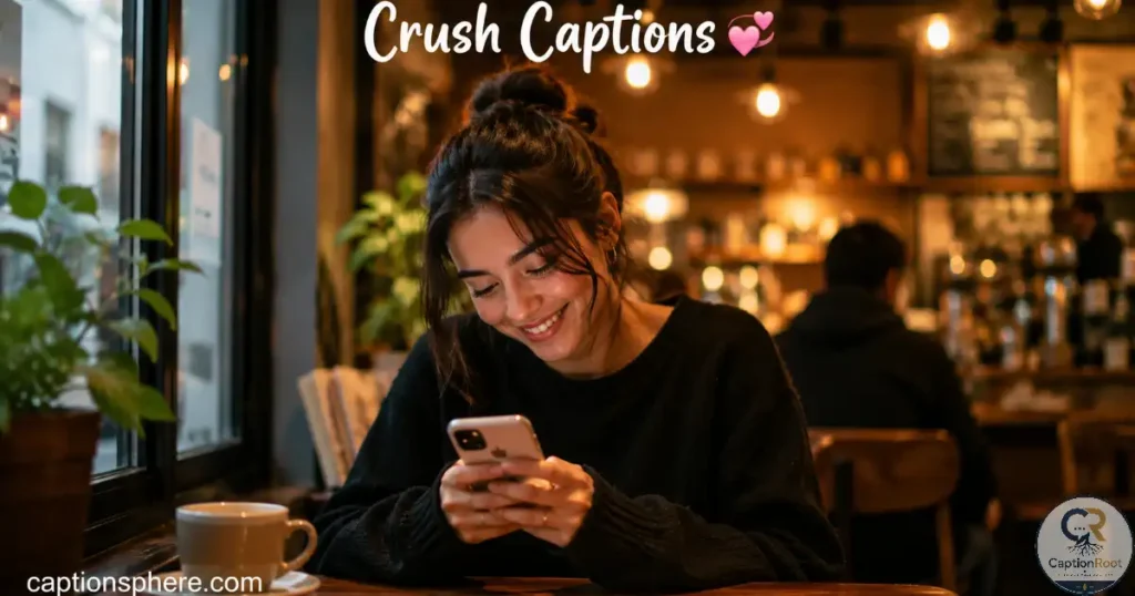 Person smiling while reading a text message at a café.
