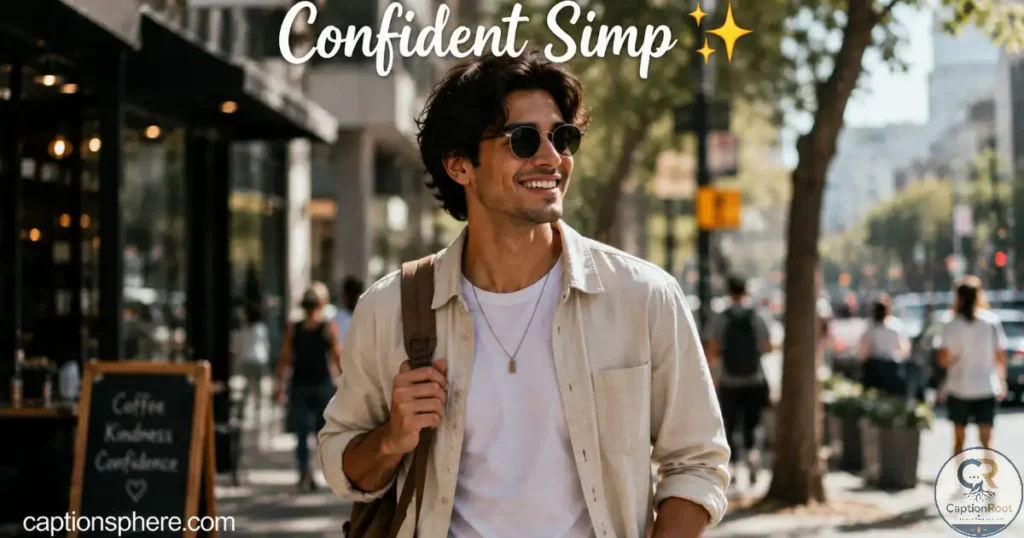 Confident young adult smiling while walking through a city street.