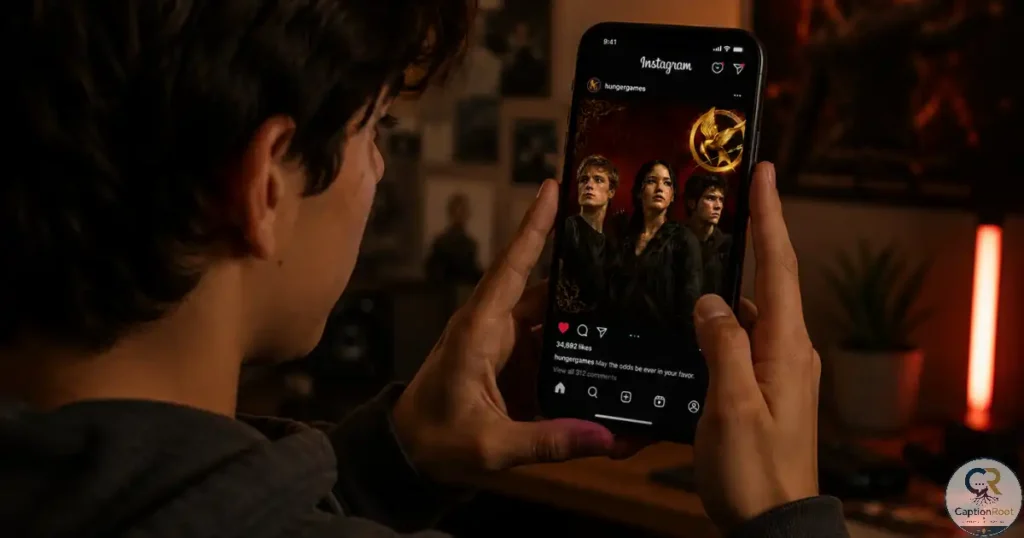 Young man using a smartphone to view a Hunger Games-inspired fan art post on Instagram in a cozy, dimly lit room.