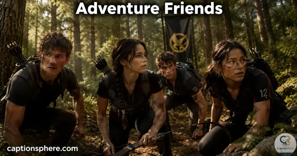 Group of friends smiling together during a forest hike.