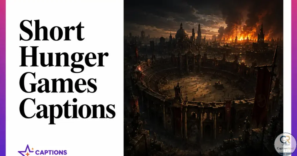 Clean graphic cover featuring the title "Short Hunger Games Captions" beside a dramatic illustration of a ruined amphitheater and dystopian city at sunset with a fiery horizon.