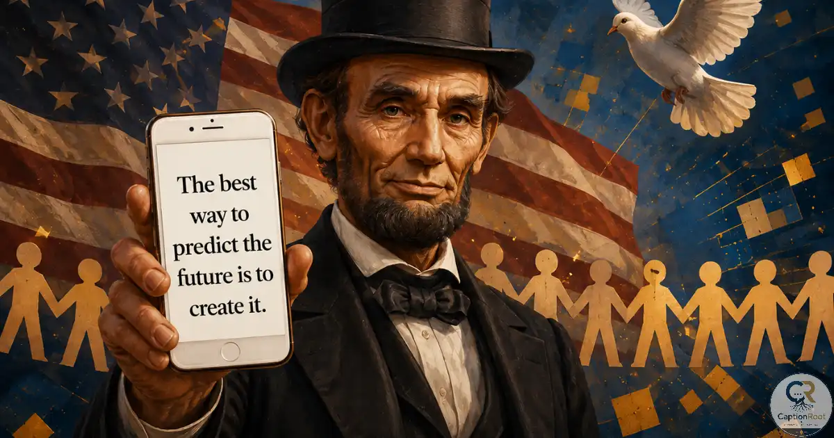 Digital portrait of Abraham Lincoln holding a smartphone displaying an inspirational message, with an American flag, white dove, and silhouettes of people holding hands in the background.
