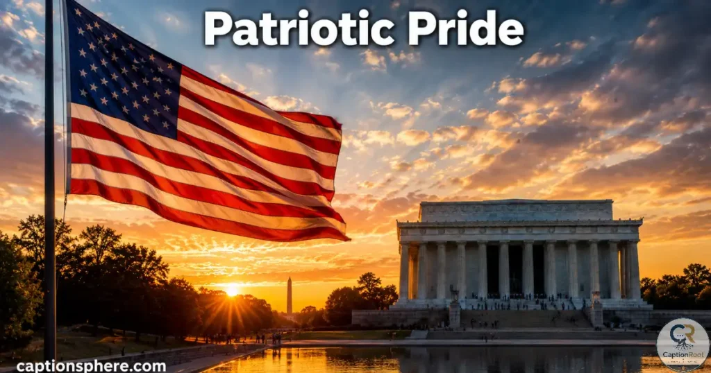 American flag waving near a historic monument at sunset.