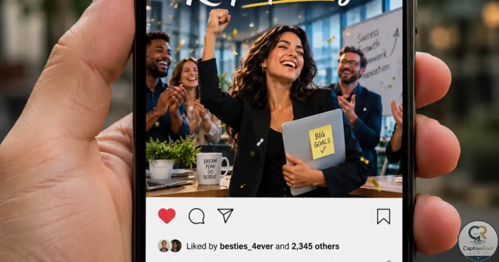 Hand holding a smartphone showing a motivational Instagram post with a success celebration.