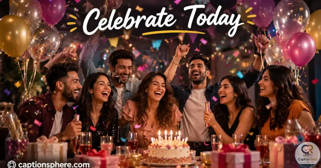 Friends celebrating together with balloons and confetti.
