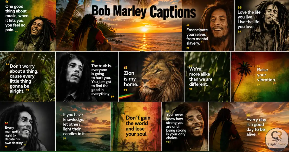 Collage featuring multiple tropical beach scenes, reggae-inspired visuals, and caption-themed lifestyle images celebrating Bob Marley-inspired vibes.