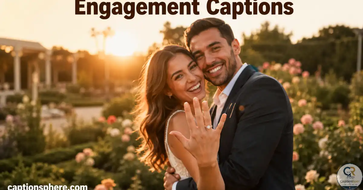 Happy engaged couple showing an engagement ring while embracing outdoors.
