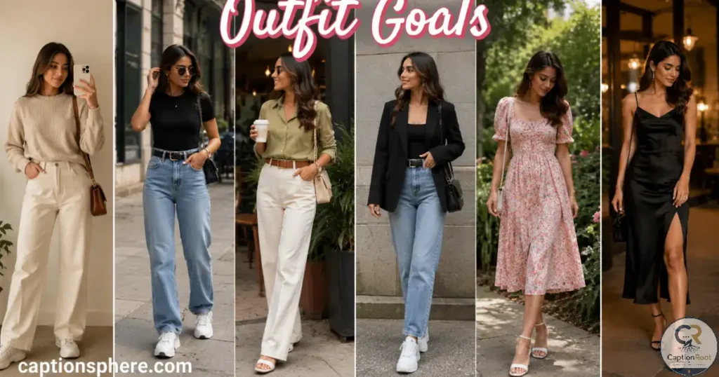 Young woman modeling six different stylish outfits in a modern fashion collage.