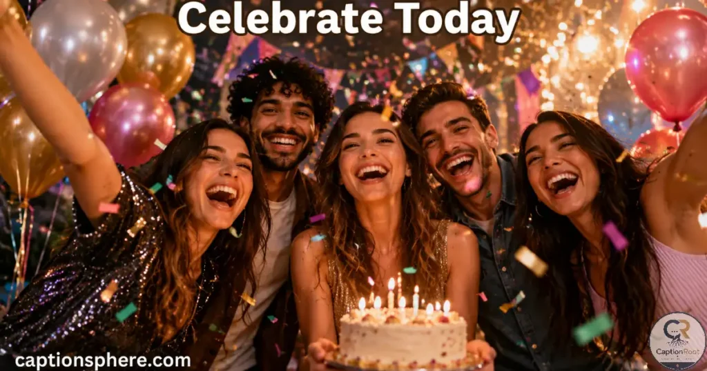 Friends celebrating together with balloons and confetti.