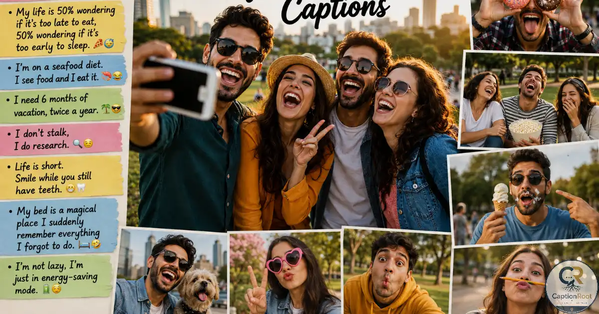 Group of friends laughing together while taking an outdoor Instagram photo.