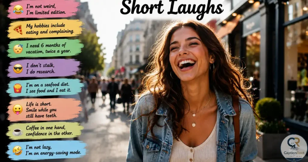 Young adult laughing while walking through a sunny city street.