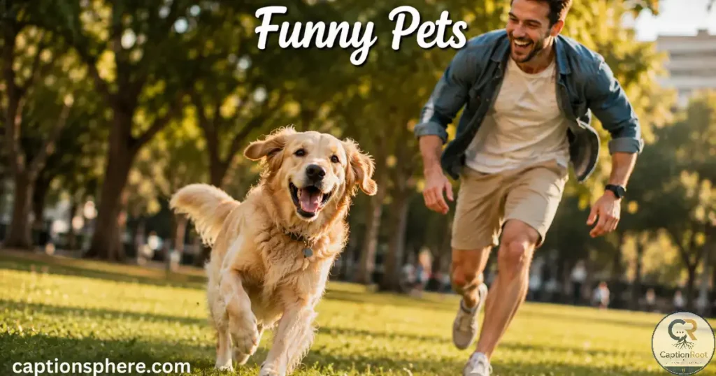 Happy golden retriever playing outdoors with its owner.