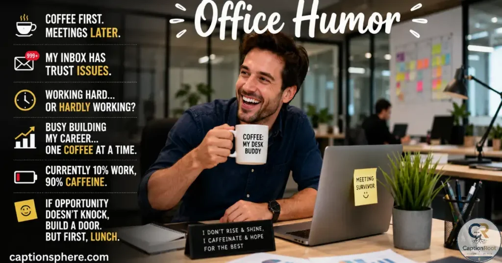 Professional smiling while holding coffee at an office desk.