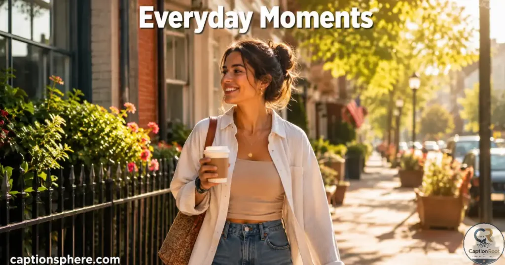 Young adult enjoying coffee while walking along a sunny neighborhood street.