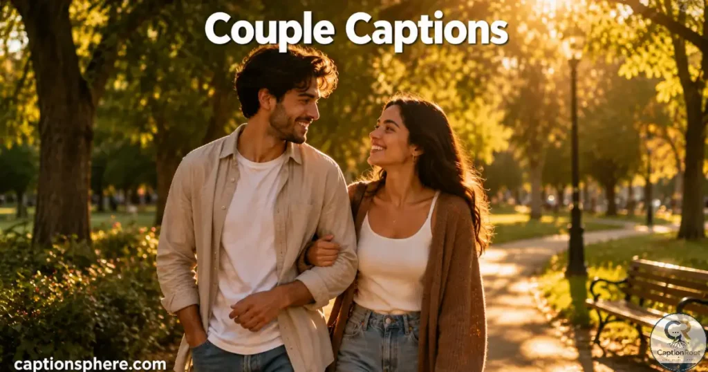 Happy couple walking together through a park during warm golden hour.
