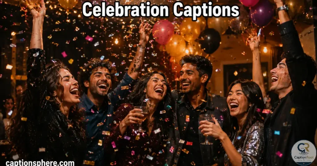 Friends celebrating together with balloons and confetti at a cheerful party.
