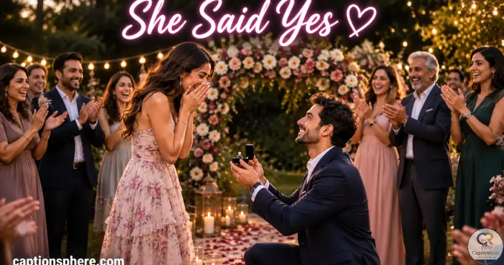 Man proposing to woman in a flower garden.
