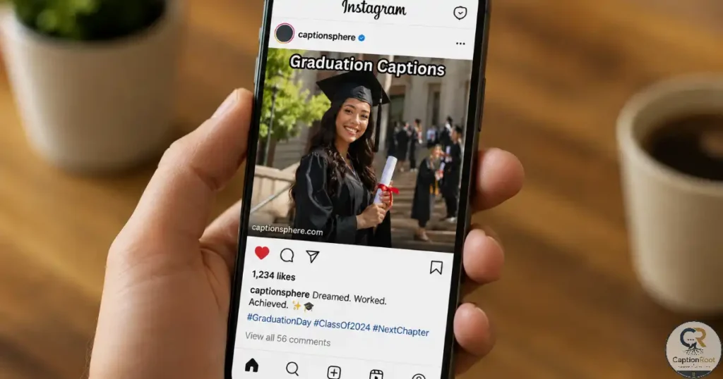 Hand holding phone showing a graduation post on Instagram.